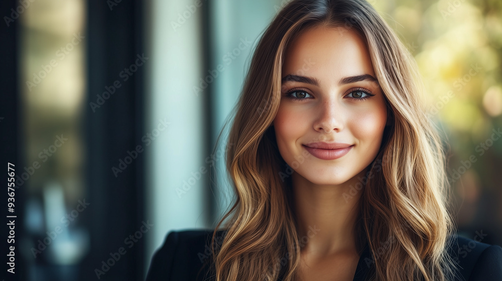 Fototapeta premium Zbliżenie na młodą kobietę w biznesowym stylu, z długimi, falującymi włosami i pewnym uśmiechem. W czarnej marynarce i w naturalnym świetle prezentuje się w sposób elegancki i profesjonalny.