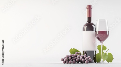 Red wine bottle, glass, and grapes on white background.