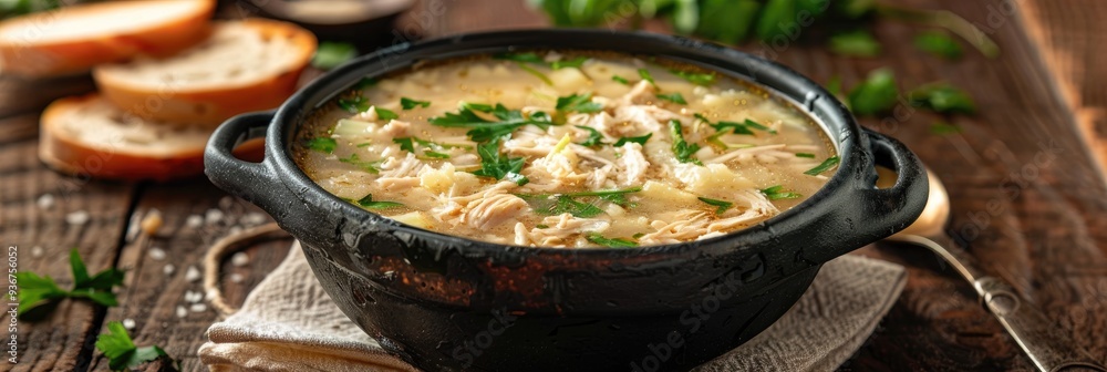 Cassava Broth with Shredded Chicken Traditional Dish in Dark Pot on Rustic Background with Bread Slices and Spoon Selective Focus Cassava Broth with Shredded Chicken Traditional Dish in Dark Pot on Rustic Background with Bread Slices and Spoon Selective Focus