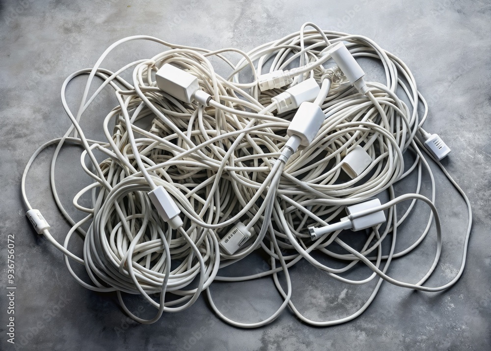 Unorganized heap of white electronic cables scattered across a dull gray concrete floor, emphasizing disarray and chaos in a modern technological setup. Unorganized heap of white electronic cables scattered across a dull gray concrete floor, emphasizing disarray and chaos in a modern technological setup.