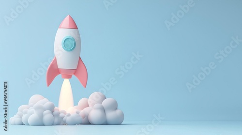 Pink and white rocket taking off from cloud against blue background.