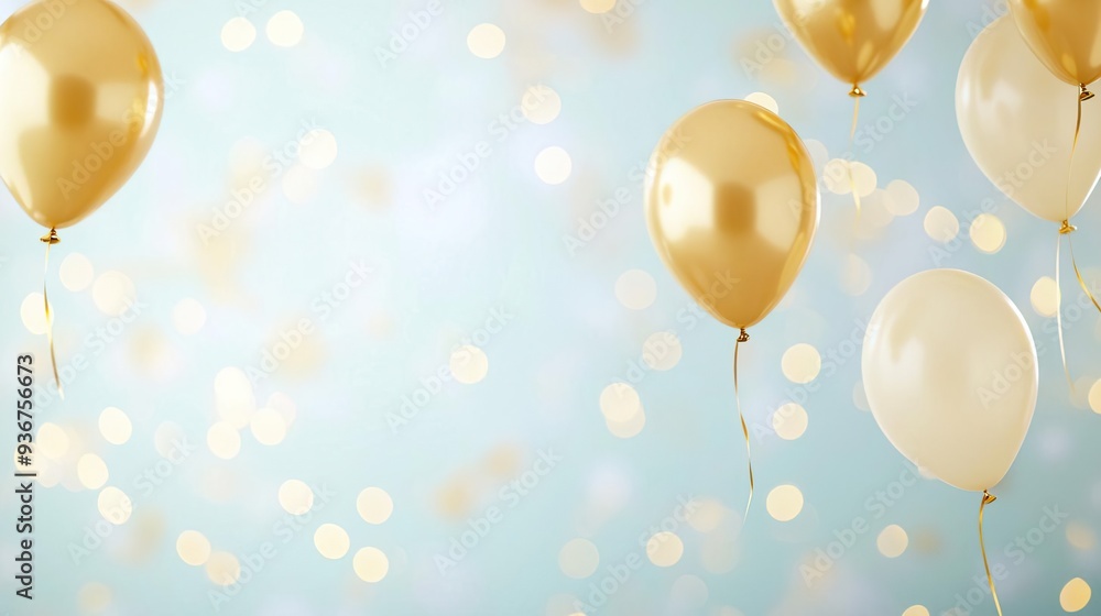 Gold and white balloons float against a blue bokeh background. Gold and white balloons float against a blue bokeh background.