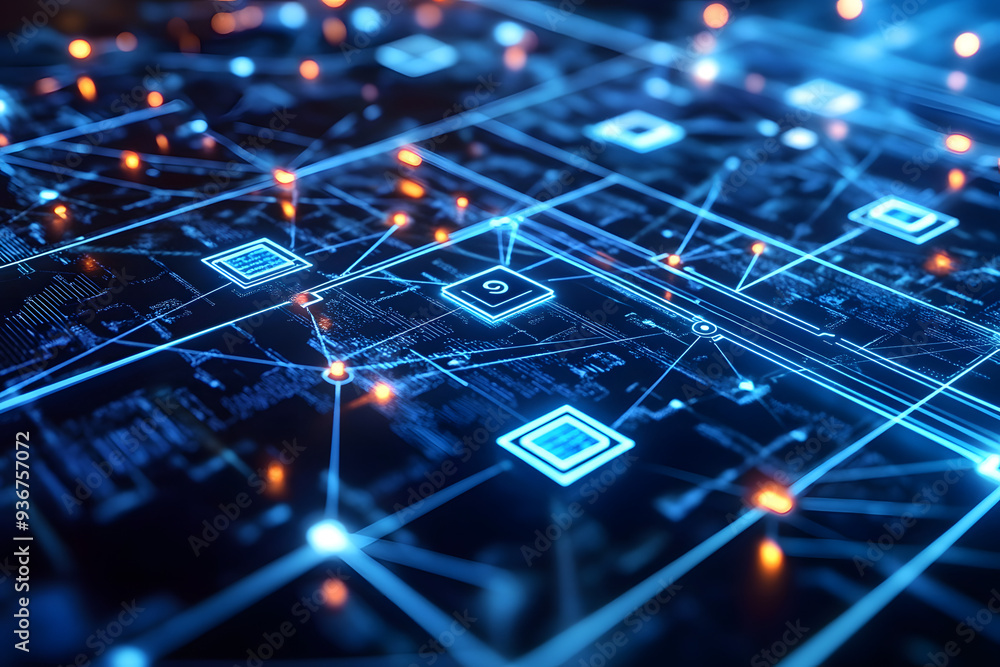 Futuristic digital network illustration depicting interconnected devices, data flow, and advanced technology concepts with glowing blue lines and circuit board elements Futuristic digital network illustration depicting interconnected devices, data flow, and advanced technology concepts with glowing blue lines and circuit board elements