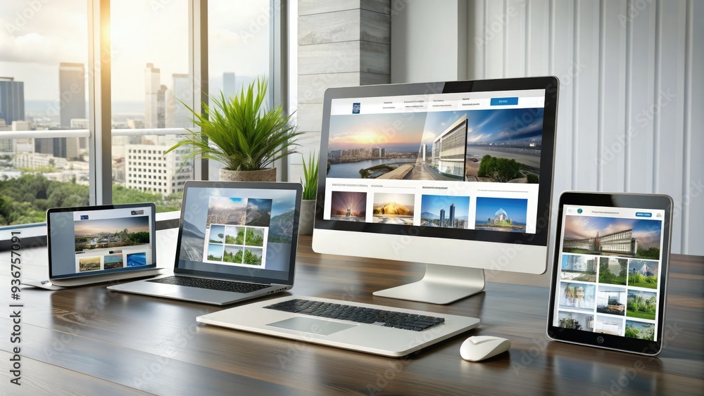 Varied device lineup showcasing website design flexibility with seamlessly adapting layouts and reformatted content on desktop, tablet, and mobile screens in modern office setting. Varied device lineup showcasing website design flexibility with seamlessly adapting layouts and reformatted content on desktop, tablet, and mobile screens in modern office setting.