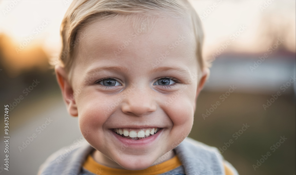 A young boy with blond hair smiles broadly at the camera A young boy with blond hair smiles broadly at the camera