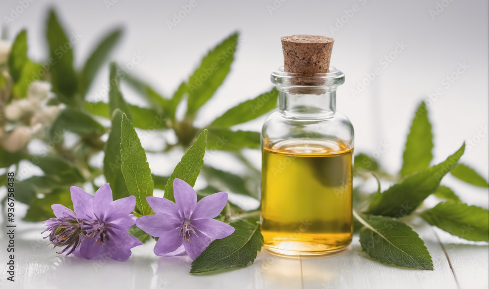 A small glass bottle of essential oil sits on a white surface, surrounded by green leaves and purple flowers A small glass bottle of essential oil sits on a white surface, surrounded by green leaves and purple flowers