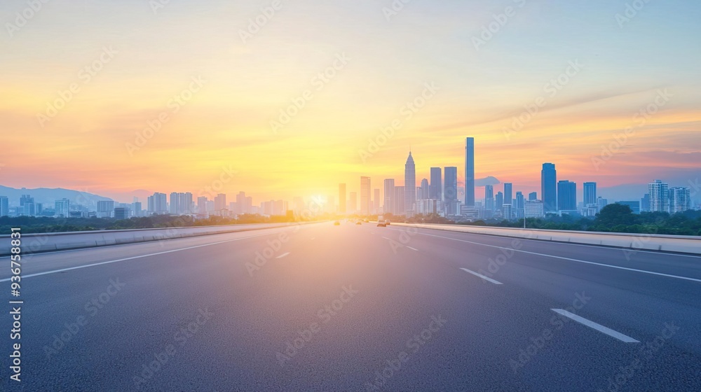 Empty asphalt road leading towards a modern city skyline at sunrise. Empty asphalt road leading towards a modern city skyline at sunrise.