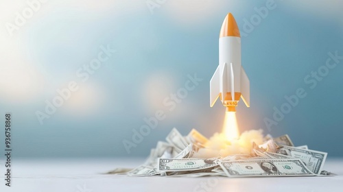 A vibrant scene showing a rocket taking off from a launchpad made of dollar bills, signifying financial growth and the explosive boost in wealth or business performance. photo