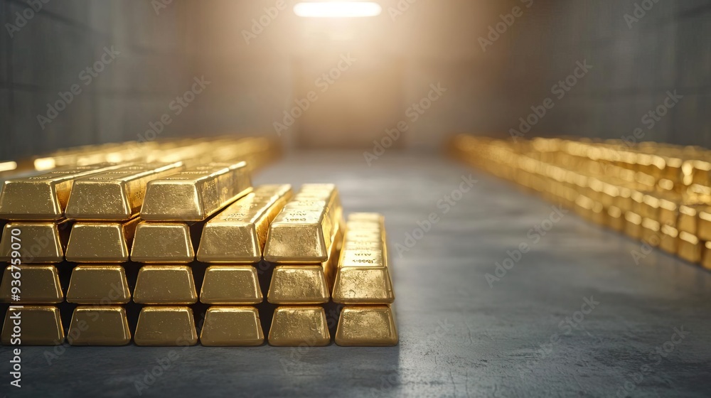 A secure vault filled with neatly stacked gold bars, each bar gleaming under the dim light, representing wealth and security. A secure vault filled with neatly stacked gold bars, each bar gleaming under the dim light, representing wealth and security.