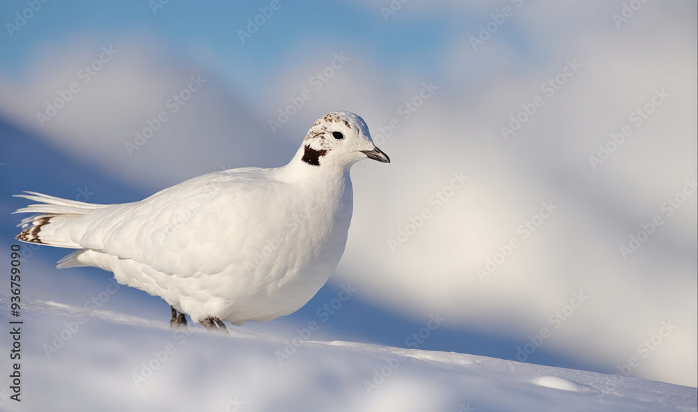 A white-tailed ptarmigan stands on a snowy hill against a blue sky A white-tailed ptarmigan stands on a snowy hill against a blue sky