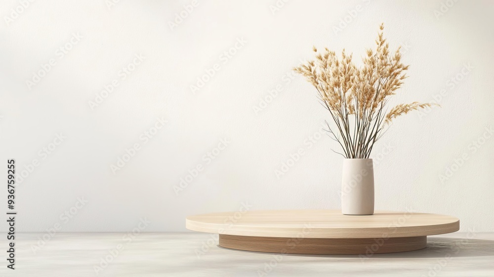 Minimalist wooden podium with dried flowers in a white vase against a white wall background. Minimalist wooden podium with dried flowers in a white vase against a white wall background.