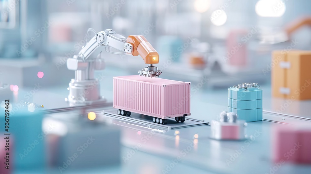 Robotic arm loading a container on a miniature factory assembly line. Robotic arm loading a container on a miniature factory assembly line.