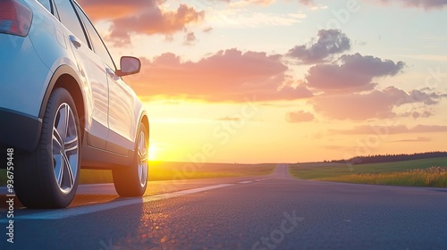 White car parked on a country road at sunset.