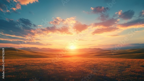 Vast Landscape of Rolling Hills and a Beautiful Sunset Wallpaper