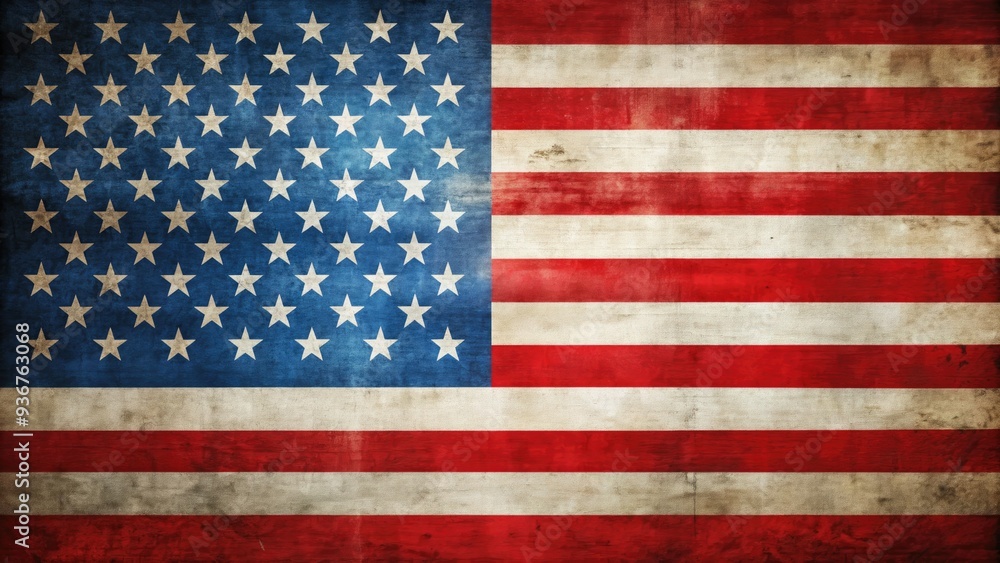 Naklejka premium Vibrant American flag illustration with bold red and white stripes and blue canton, stylized with modern graphics and textures, perfect for patriotic designs.