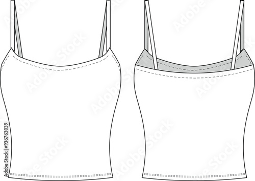sleeveless strapped strappy shoulder spaghetti straps u neck scoop neck fit body con cropped crop blouse top template technical drawing flat sketch cad mockup fashion woman design style model
