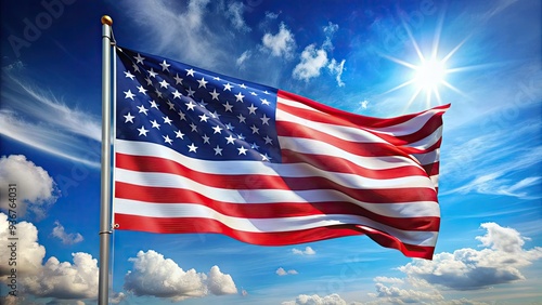 Vibrant American flag waves majestically against a serene blue background, its bold stripes and bright stars shining proudly, symbolizing freedom and patriotism.