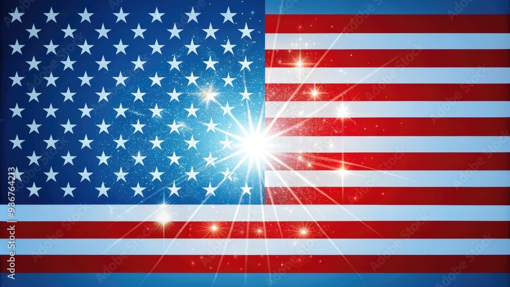 Naklejka premium Vibrant American flag waves proudly along a patriotic border, featuring bold red and white stripes, against a brilliant blue background with white stars shining bright.