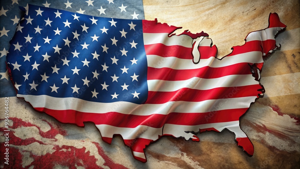 Vibrant American flag waving above a detailed United States map ...