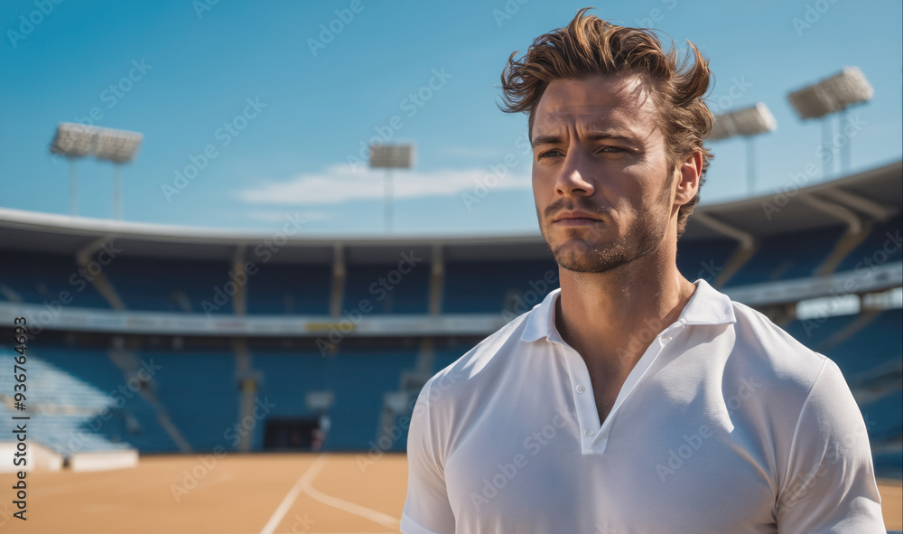 Fototapeta premium A man stands in a stadium, wearing a white shirt, looking off to the side
