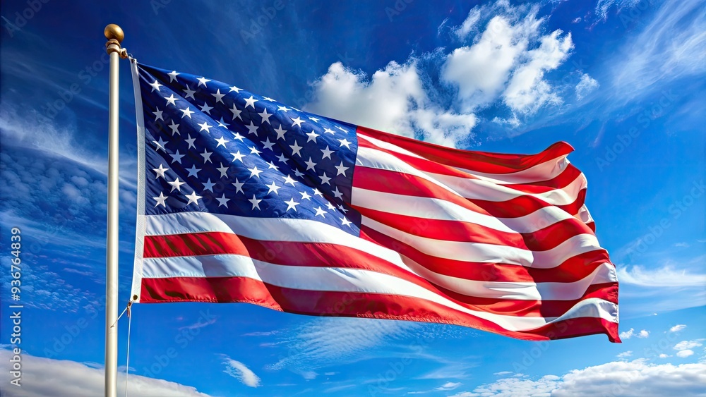 Obraz premium Vibrant American flag waving in the wind, with bold stars and stripes shining brightly against a clear blue sky, evoking feelings of freedom and pride.