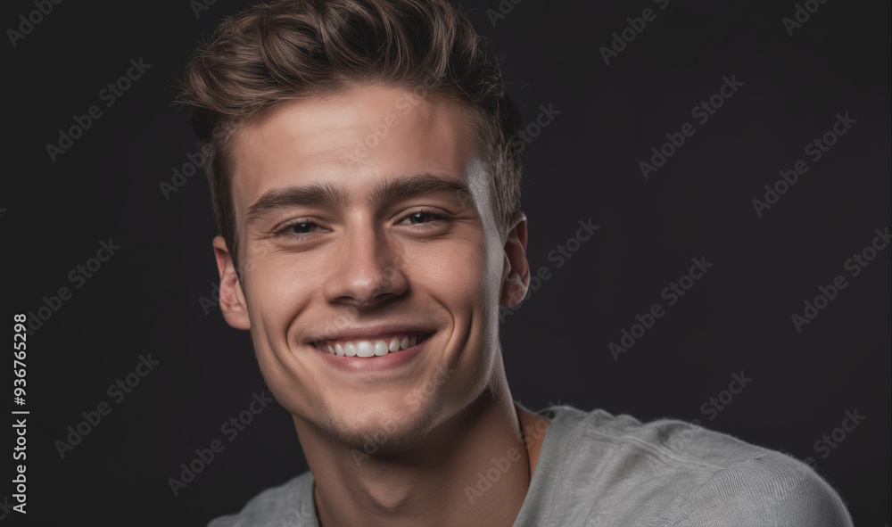 Obraz premium A young man smiles brightly at the camera during a photo shoot