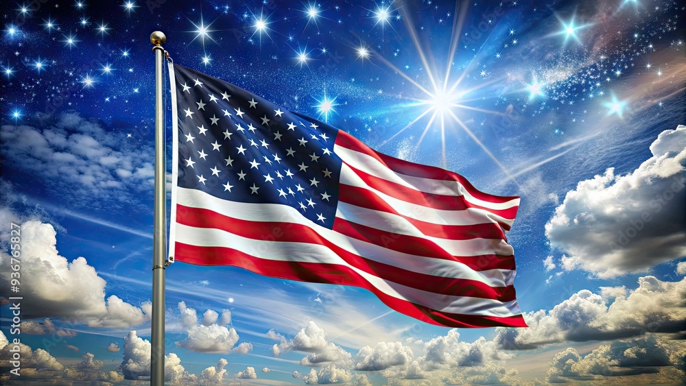 Vibrant American flag with fifty white stars on a blue canton, waving ...