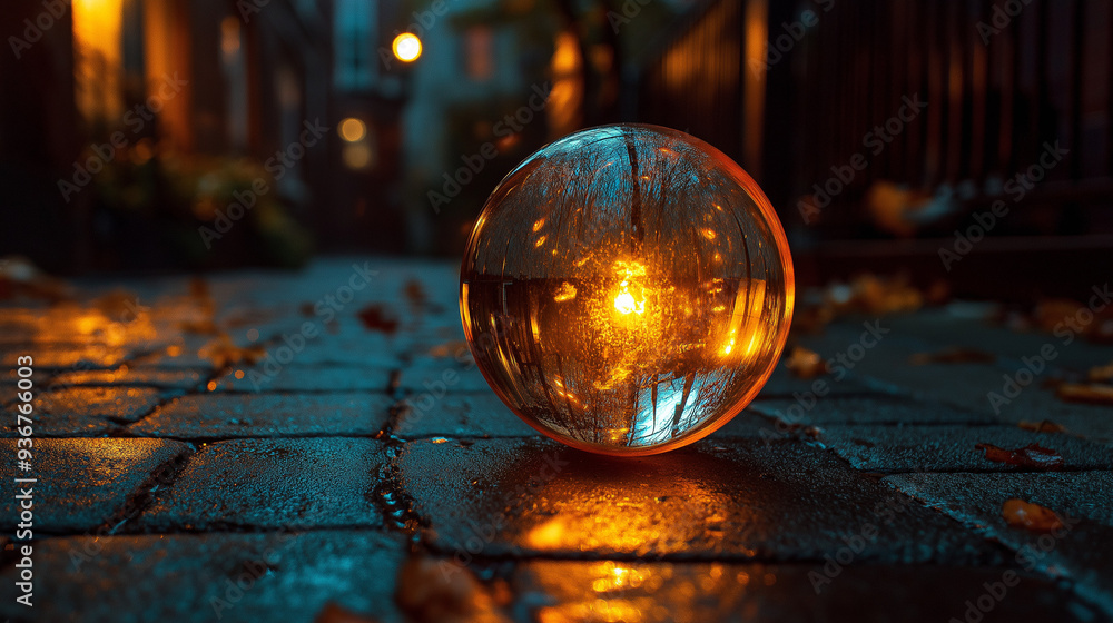 City Lights Reflected: A mesmerizing lens ball captures the warm glow of city lights on a rainy evening, creating a captivating blend of urban landscape and artistic reflection. City Lights Reflected: A mesmerizing lens ball captures the warm glow of city lights on a rainy evening, creating a captivating blend of urban landscape and artistic reflection.