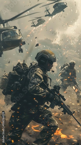 Army soldiers in tactical gear advance with weapons drawn as helicopters hover overhead amidst smoke and debris on the battlefield