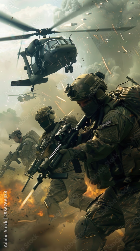 In a dynamic tableau, anime soldiers in tactical gear advance while helicopters provide aerial support during an intense battlefield engagement In a dynamic tableau, anime soldiers in tactical gear advance while helicopters provide aerial support during an intense battlefield engagement
