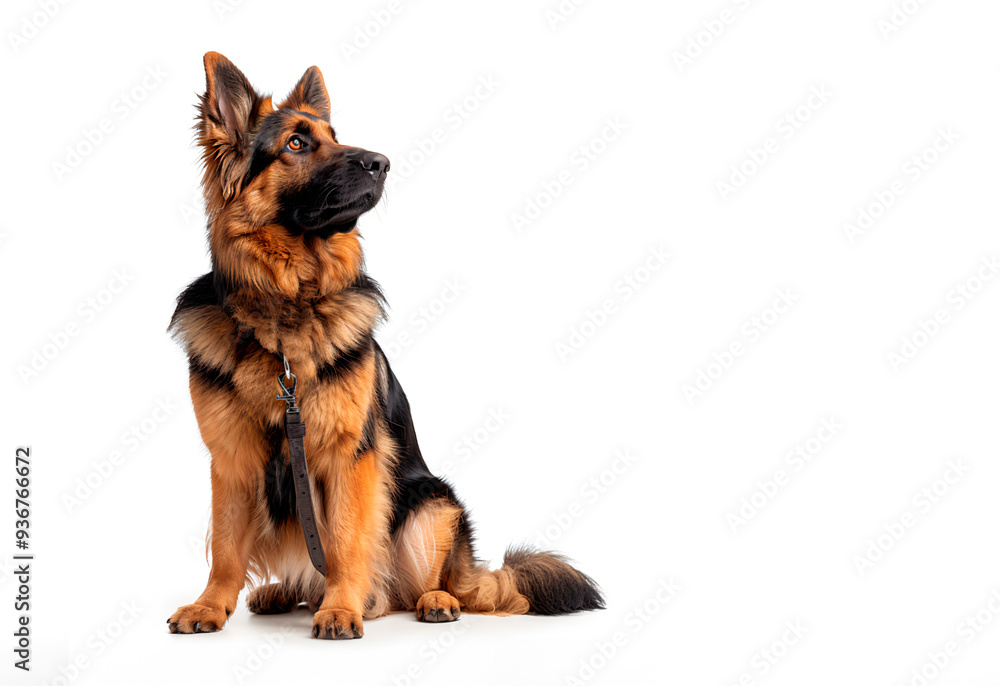 German shepherd dog on leash sitting, isolated on a white background. German shepherd dog on leash sitting, isolated on a white background.
