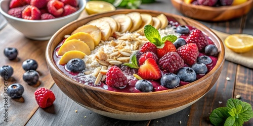 Vibrant and nutritious acai bowl overflowing with sliced banana, mixed berries, fresh fruit, and toasted coconut flakes, topped with a drizzle of creamy peanut butter. photo