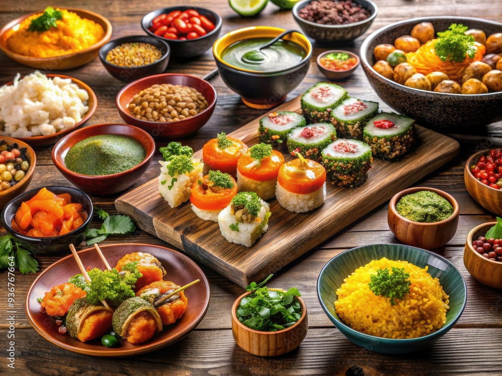 Vibrant arrangement of international delicacies, including sushi, curries, and tapas, artfully presented on a wooden table, garnished with fresh herbs and colorful garnishes. Vibrant arrangement of international delicacies, including sushi, curries, and tapas, artfully presented on a wooden table, garnished with fresh herbs and colorful garnishes.