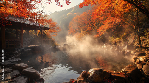 山中の紅葉に囲まれた露天風呂 photo