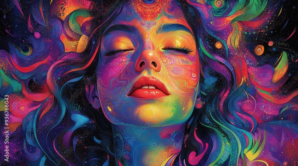 A vibrant image of a woman with colored hair, set in a kaleidoscopic mandala design, featuring crisp lines, fine details, and a low-detail psychedelic style A vibrant image of a woman with colored hair, set in a kaleidoscopic mandala design, featuring crisp lines, fine details, and a low-detail psychedelic style