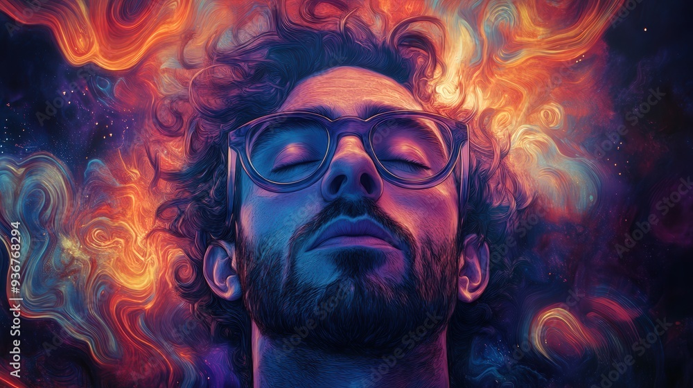 A man immersed in coloring his hair within a kaleidoscopic mandala design, featuring warm tones, crisp lines, and a low-detail psychedelic aesthetic A man immersed in coloring his hair within a kaleidoscopic mandala design, featuring warm tones, crisp lines, and a low-detail psychedelic aesthetic