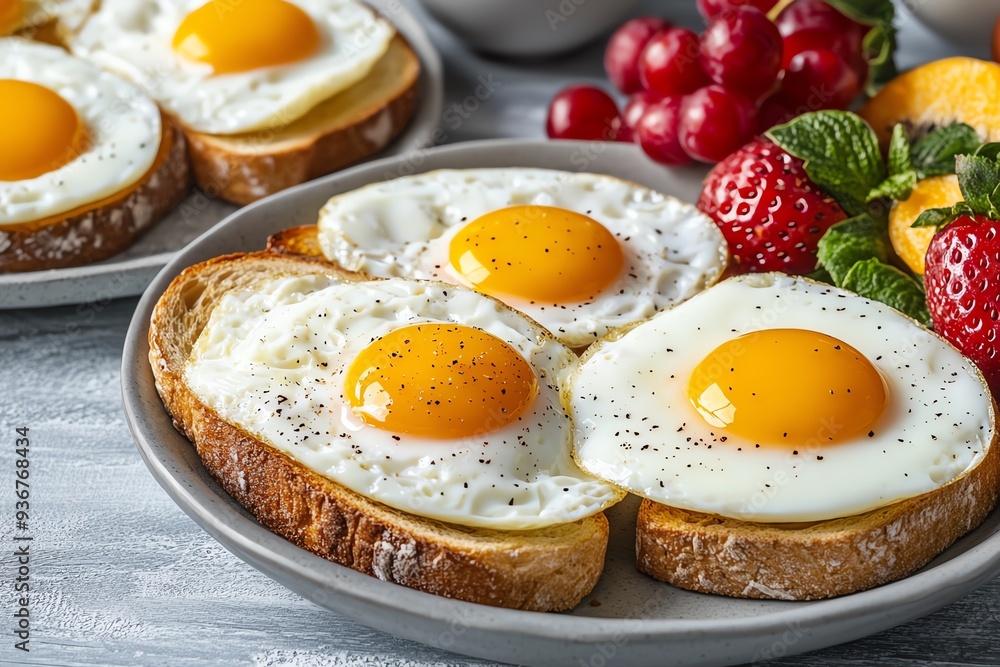 Delicious fried eggs on toasted bread, garnished with fresh fruits for a vibrant breakfast experience. Delicious fried eggs on toasted bread, garnished with fresh fruits for a vibrant breakfast experience.