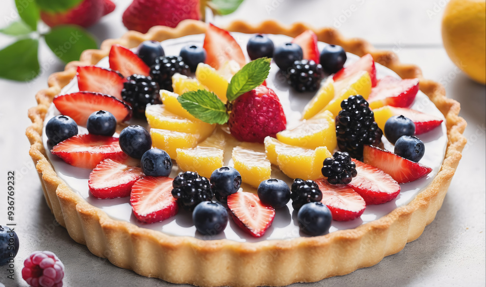A close-up of a fruit tart with strawberries, blueberries, blackberries, lemon slices, and a sprig of mint on top A close-up of a fruit tart with strawberries, blueberries, blackberries, lemon slices, and a sprig of mint on top