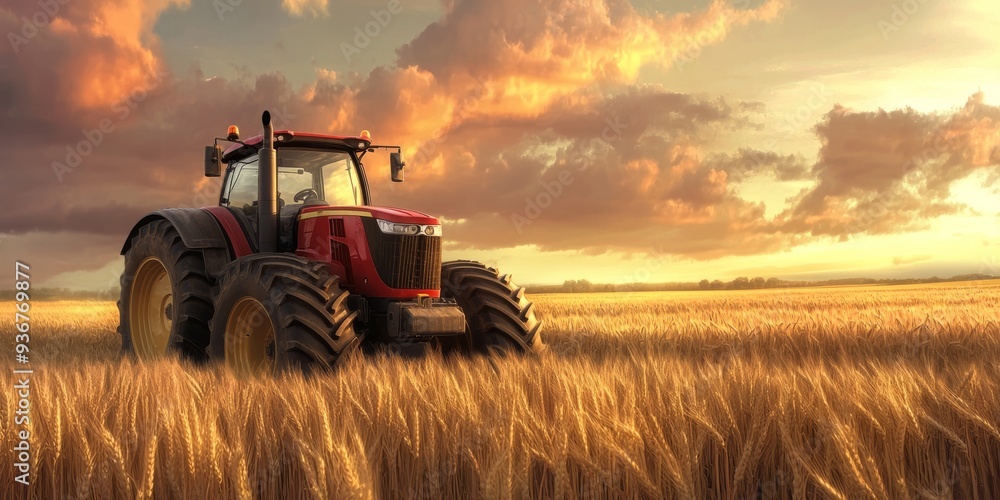A dramatic scene featuring a red tractor in a golden wheat field during sunset, capturing the essence of agriculture and harvest time. A dramatic scene featuring a red tractor in a golden wheat field during sunset, capturing the essence of agriculture and harvest time.