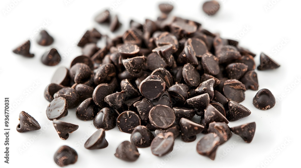 Pile of dark chocolate chips against white background is perfect for food blogs, recipes, baking ideas, and dessert menus. Pile of dark chocolate chips against white background is perfect for food blogs, recipes, baking ideas, and dessert menus.
