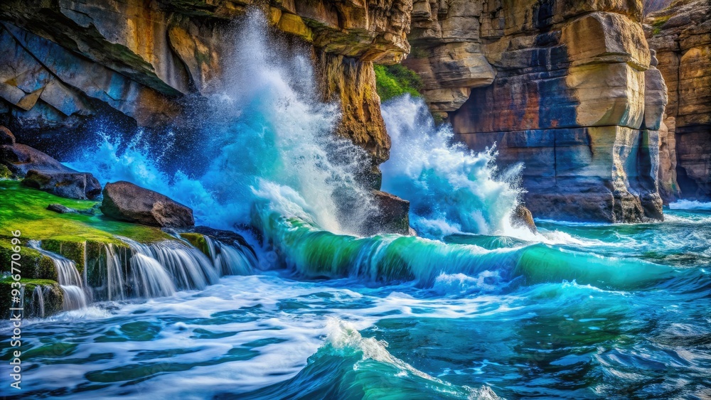 Vibrant blue and green water splashes against a rockface, creating a refreshing and dynamic abstract composition with bold colors and energetic movement. Vibrant blue and green water splashes against a rockface, creating a refreshing and dynamic abstract composition with bold colors and energetic movement.
