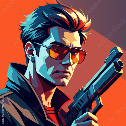 a young guy with a gun, looking slightly to the right, aiming, wearing cool glasses, holding the