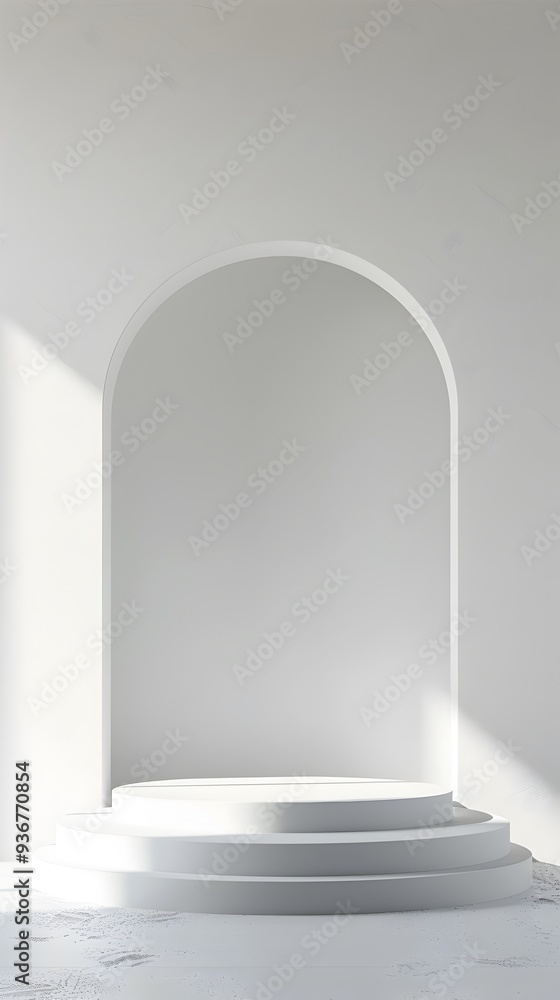 3D white round product podium background with arch gate shadow wall. Product stage showcase mockup scene. 3D white round product podium background with arch gate shadow wall. Product stage showcase mockup scene.