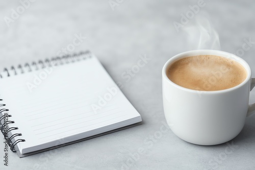 A cozy scene featuring a steaming cup of coffee next to a blank notepad on a subtle gray background, perfect for inspiration.