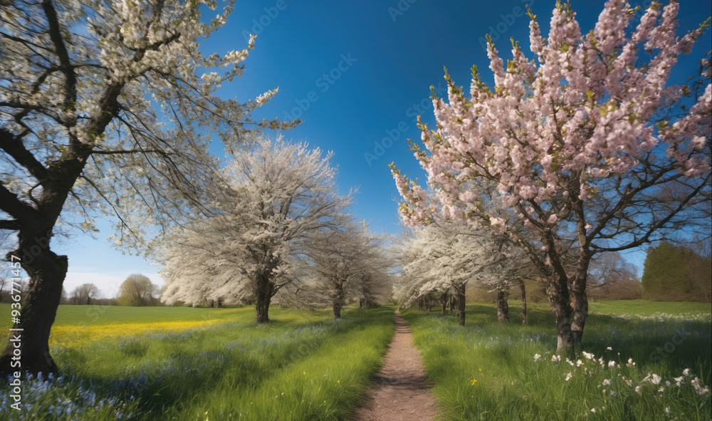 A dirt path winds through a field of blooming cherry trees on a sunny day A dirt path winds through a field of blooming cherry trees on a sunny day