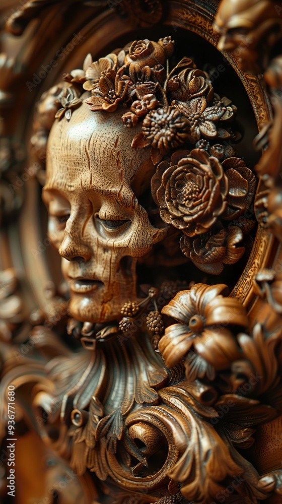 Intricate Wood Carving of a Skull Adorned with Flowers Intricate Wood Carving of a Skull Adorned with Flowers
