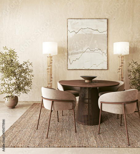 Elegant and modern dining room enhanced with beautiful art and decorative elements, 3d rendering