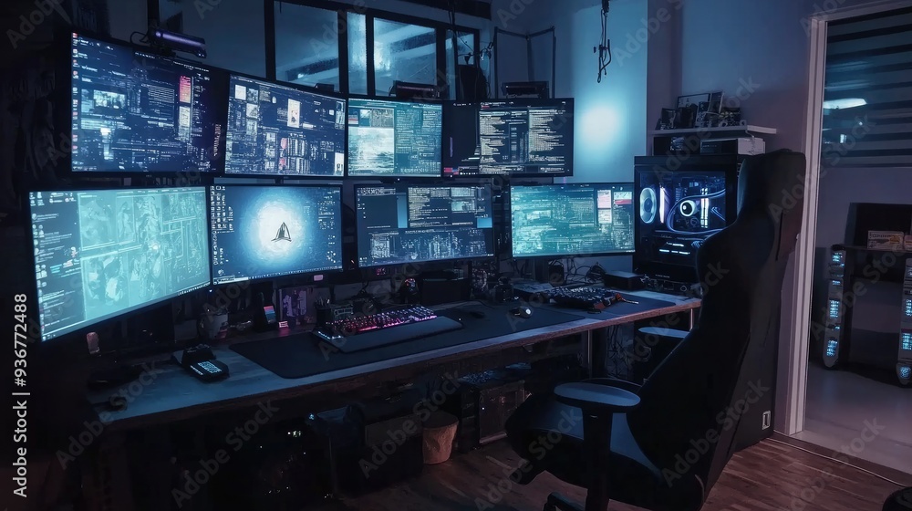 A high-tech gaming setup with multiple monitors, gaming peripherals, and an immersive environment A high-tech gaming setup with multiple monitors, gaming peripherals, and an immersive environment