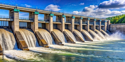 Hydroelectric dam featuring multiple spillways and water flowing, turbines,hydroelectric, flow, environment, energy, engineering, sustainable, construction, dam, landscape, electricity photo