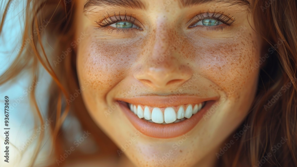 A cinematic close-up of a woman's face, capturing a radiant smile with natural highlights on the lips and teeth A cinematic close-up of a woman's face, capturing a radiant smile with natural highlights on the lips and teeth